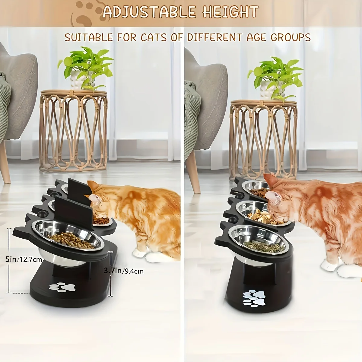 Adjustable 15° Tilt Raised Pet Bowl – Elevated Cat & Dog Feeder with 3 Stainless Steel Bowls 3