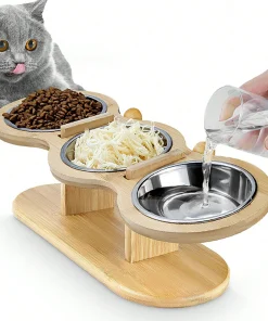 3-in-1 Raised Cat Feeder with Stainless Steel Bowls – 15° Tilt Food & Water Bowl for Cats and Puppies 1
