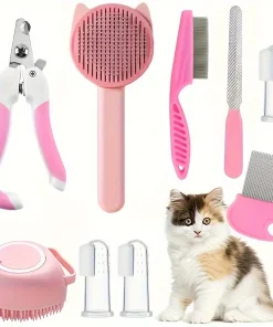 8-Piece Cat Grooming Kit – Self-Cleaning Brush, Flea Comb, Nail Clippers, Files & Bath Brush 1