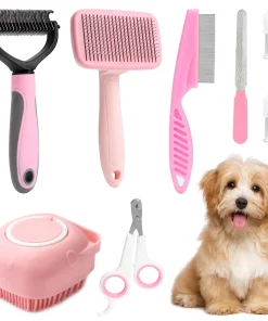 8-Piece Dog Grooming Kit – Self-Cleaning Brushes, Nail Clippers, Flea Comb & Bath Brush for Pets 1