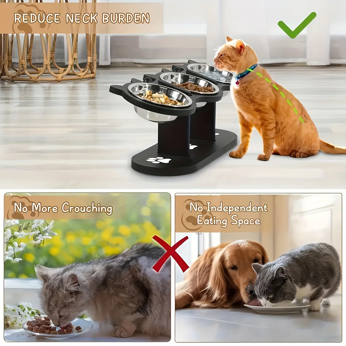 Adjustable 15° Tilt Raised Pet Bowl – Elevated Cat & Dog Feeder with 3 Stainless Steel Bowls 6