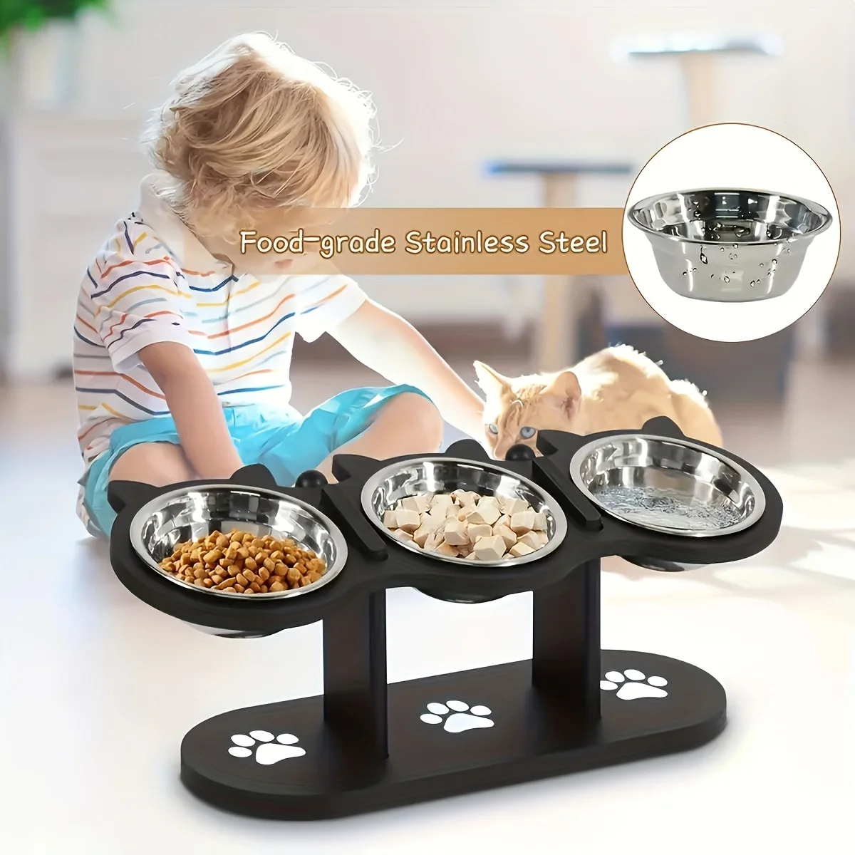 Adjustable 15° Tilt Raised Pet Bowl – Elevated Cat & Dog Feeder with 3 Stainless Steel Bowls 4