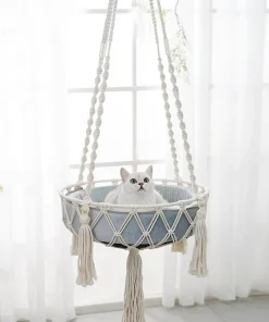 Handwoven Cat Hammock Hanging Basket – Cotton Rope Indoor Cat Swing Nest Bed 1